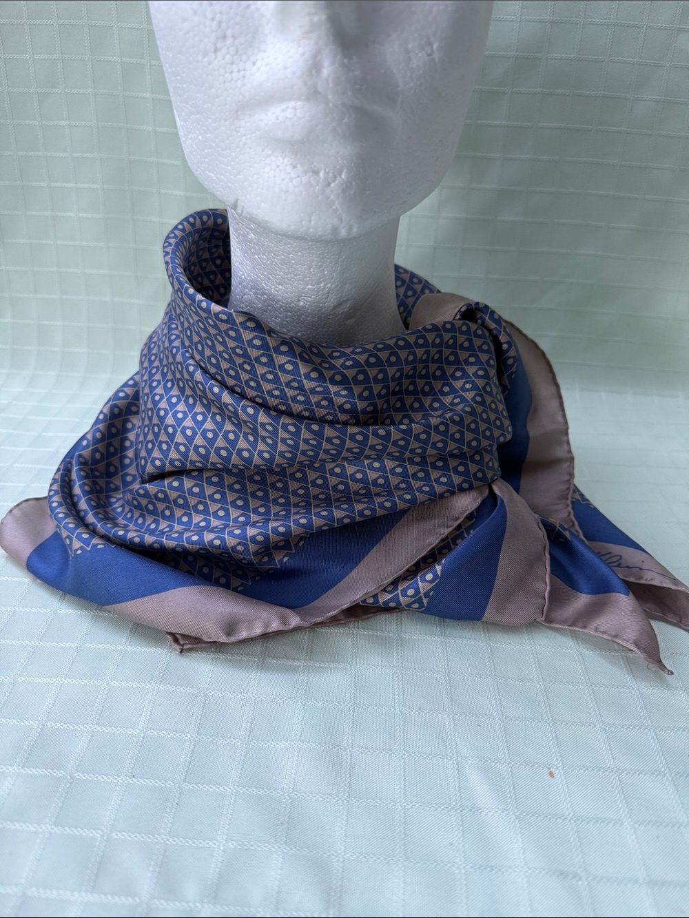 Vintage Anne Klein Blue Patterned Silk Scarf - Classic Fashion Accessory